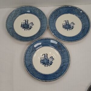 Vintage Lot of 3 Currier & Ives "Steamboat" print Saucers 6‎ inches Blue White